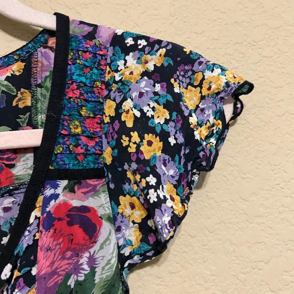 VTG Y2K Free People Floral Patchwork Mini Dress Snap Button Womens Small
